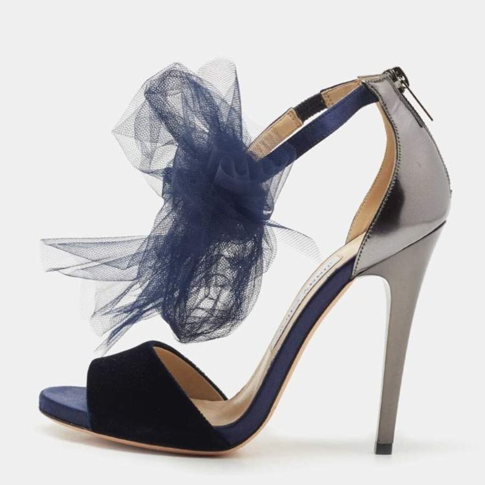 Jimmy Choo Lilyth Navy Velvet Tulle Bow Evening Heel Sandal 37 IT Stiletto